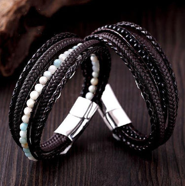 Men's Genuine Leather & Stone 6 Stranded ENERGY Bracelet